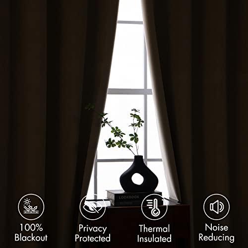 MIULEE 100% Blackout Velvet Curtains 96 Inches Long 2 Panels, Beige Black Out Window Drapes for Bedroom Living Room Back Tab Rod Pocket Full Room Darkening Thermal Insulated Noise Reducing Curtains