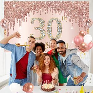 Happy 30th Birthday Banner Backdrop Decorations with Confetti Balloon Garland Arch, Rose Gold 30 Birthday Banner Balloon Set for Women, Pink 30 Year Old Bday Poster Photo Booth Decor