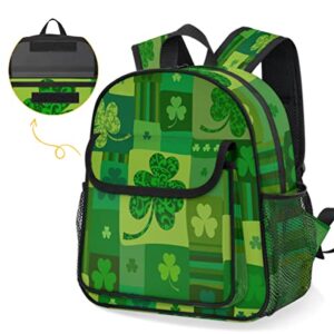 Kids Backpack for Boys Girls St. Patrick's Day Toddler Backpack Preschool Kindergarten Backpack with Chest Strap Lightweight Clover Grid Children Bookbag for School, Travel, Nursery