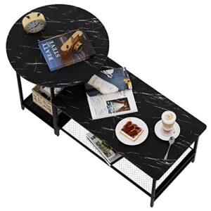 huhote coffee table black faux marble wood set of 2 storage end table modern round and rectangular table,2 tiers large table with metal frame for living room balcony cabin bed room dining room.
