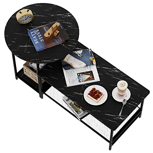 Huhote Coffee Table Black Faux Marble Wood Set of 2 Storage End Table Modern Round and Rectangular Table,2 Tiers Large Table with Metal Frame for Living Room Balcony Cabin Bed Room Dining Room.