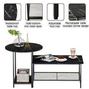 Huhote Coffee Table Black Faux Marble Wood Set of 2 Storage End Table Modern Round and Rectangular Table,2 Tiers Large Table with Metal Frame for Living Room Balcony Cabin Bed Room Dining Room.