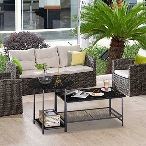 Huhote Coffee Table Black Faux Marble Wood Set of 2 Storage End Table Modern Round and Rectangular Table,2 Tiers Large Table with Metal Frame for Living Room Balcony Cabin Bed Room Dining Room.