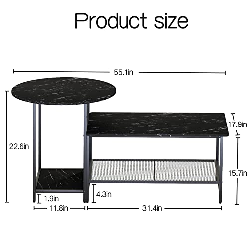 Huhote Coffee Table Black Faux Marble Wood Set of 2 Storage End Table Modern Round and Rectangular Table,2 Tiers Large Table with Metal Frame for Living Room Balcony Cabin Bed Room Dining Room.