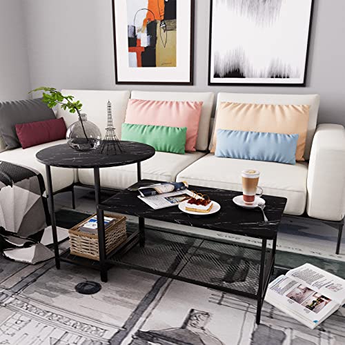 Huhote Coffee Table Black Faux Marble Wood Set of 2 Storage End Table Modern Round and Rectangular Table,2 Tiers Large Table with Metal Frame for Living Room Balcony Cabin Bed Room Dining Room.