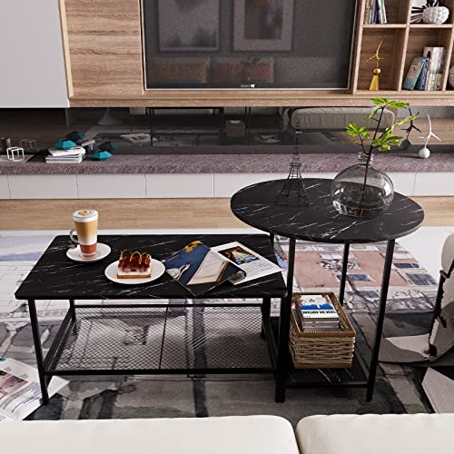 Huhote Coffee Table Black Faux Marble Wood Set of 2 Storage End Table Modern Round and Rectangular Table,2 Tiers Large Table with Metal Frame for Living Room Balcony Cabin Bed Room Dining Room.