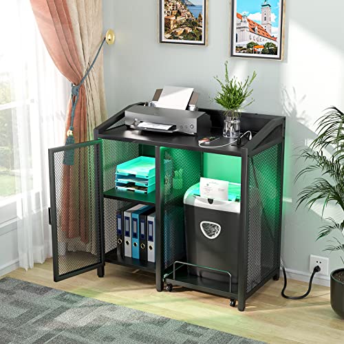 Unikito Modern Printer Stand with Sockets and LED Light, File Cabinet with Shredder Stand On Slide Wheel, Large Printer Cabinet with Adjustable Storage Shelves and Mesh Door for Home Office, Black