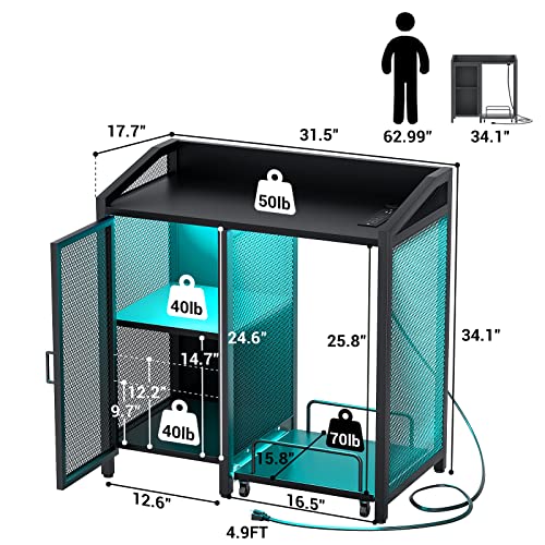 Unikito Modern Printer Stand with Sockets and LED Light, File Cabinet with Shredder Stand On Slide Wheel, Large Printer Cabinet with Adjustable Storage Shelves and Mesh Door for Home Office, Black