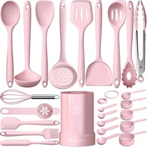 silicone cooking utensils set- pink heat resistant kitchen utensils, fungun kitchen utensil spatula with holder, bpa free kitchen gadgets tools set for nonstick cookware, dishwasher safe