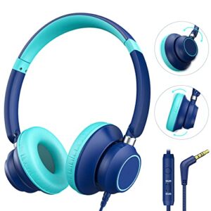 cowyawn toddler headphones ultra light comfort kids headphones, rotatable wired headphones with microphone for toddlers kids for school travel airplane, 85db/94db volume limit, 3.5mm jack, navy/teal