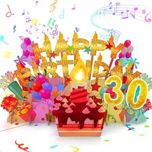 30th musical birthday card with light & blowable candle, pop-up birthday card for 30 years old male female, applause cheers sound effect - unique greeting card 30 bday gift ideas for women men