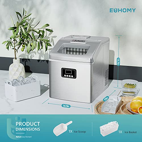 EUHOMY Countertop Ice Maker Machine, 40Lbs/24H Auto Self-Cleaning, 24 Pcs Ice/13 Mins, Portable Compact Ice Maker with Ice Scoop & Basket, Perfect for Home/Kitchen/Office/Bar(Silver)