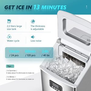 EUHOMY Countertop Ice Maker Machine, 40Lbs/24H Auto Self-Cleaning, 24 Pcs Ice/13 Mins, Portable Compact Ice Maker with Ice Scoop & Basket, Perfect for Home/Kitchen/Office/Bar(Silver)