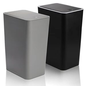 fasmov trash can, 2 pack 15 liter / 4 gallon plastic garbage container bin with press top lid, waste basket for kitchen, bathroom, living room, office, narrow place (gray + black)