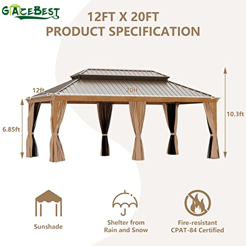 GAZEBEST 12'x20' Hardtop Gazebo Outdoor Aluminum Patio Gazebo Double Roof Galvanized Steel Gazebo Canopy Wooden Finish Coated with Netting and Curtains,for Garden Patio,Patio Backyard,Deck and Lawns