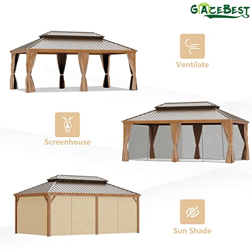 GAZEBEST 12'x20' Hardtop Gazebo Outdoor Aluminum Patio Gazebo Double Roof Galvanized Steel Gazebo Canopy Wooden Finish Coated with Netting and Curtains,for Garden Patio,Patio Backyard,Deck and Lawns