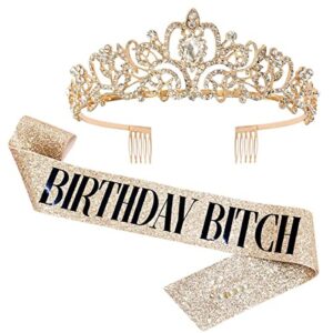 zhbdpaty birthday queen sash & rhinestone tiara set glitter crystal crown & sash kit party favors for women hairt accessories cake topper (gold)