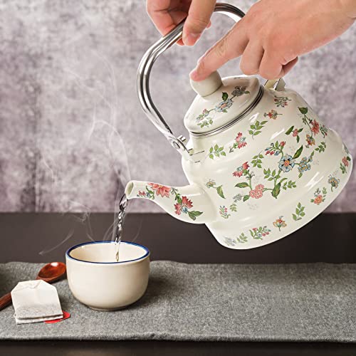 Jucoan 1.8 Quart Enamel Tea Kettle, Vintage Green Floral Enamel on Steel Teapot Water Kettle with Filter and Cool Grip Stainless Steel Handle for Stovetop Induction Gas, No Whistling Teakettle