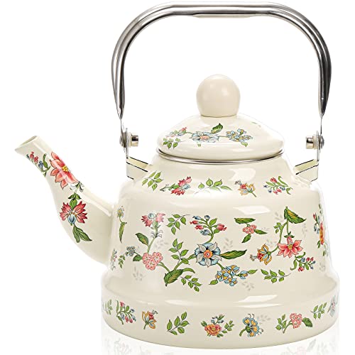 Jucoan 1.8 Quart Enamel Tea Kettle, Vintage Green Floral Enamel on Steel Teapot Water Kettle with Filter and Cool Grip Stainless Steel Handle for Stovetop Induction Gas, No Whistling Teakettle