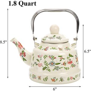 Jucoan 1.8 Quart Enamel Tea Kettle, Vintage Green Floral Enamel on Steel Teapot Water Kettle with Filter and Cool Grip Stainless Steel Handle for Stovetop Induction Gas, No Whistling Teakettle