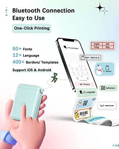 YVF D110 Bluetooth Label Maker Machine, Portable Label Maker with Multiple Templates & Fonts, Includes 1/2" Label Tape, Mini Label Printer for Home, School & Office Organization, Rechargeable, Green