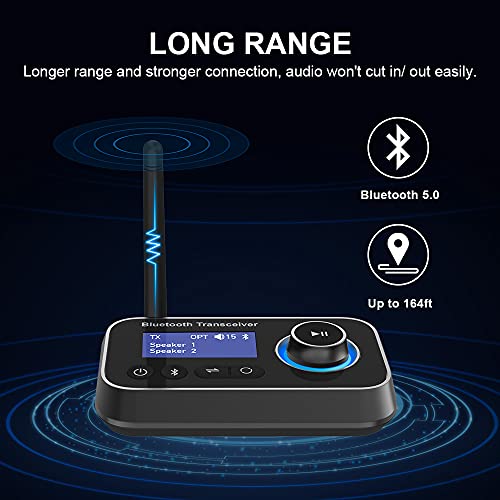 Ainostone Bluetooth 5.0 Transmitter Receiver for 2 Headphones 2-in-1 Audio Adapter with LCD Display Low Latency Long Range Volume Adjustable Optical AUX RCA Bypass for Headphone Speaker TV Home Stereo