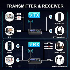 Ainostone Bluetooth 5.0 Transmitter Receiver for 2 Headphones 2-in-1 Audio Adapter with LCD Display Low Latency Long Range Volume Adjustable Optical AUX RCA Bypass for Headphone Speaker TV Home Stereo