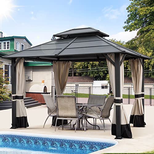 Warmally 10'×12' Hardtop Gazebo Double Roof Canopy Gazebo with Netting and Curtains Fast-Splicing Structure Galvanized Iron Aluminum for Patio Backyard Deck and Lawns