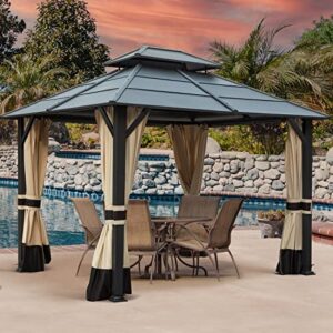 warmally 10'×12' hardtop gazebo double roof canopy gazebo with netting and curtains fast-splicing structure galvanized iron aluminum for patio backyard deck and lawns