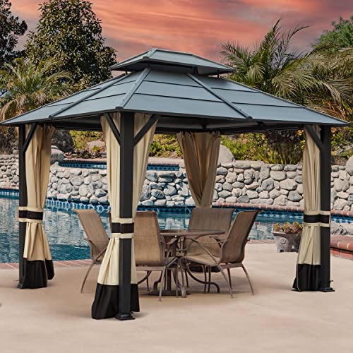 Warmally 10'×12' Hardtop Gazebo Double Roof Canopy Gazebo with Netting and Curtains Fast-Splicing Structure Galvanized Iron Aluminum for Patio Backyard Deck and Lawns