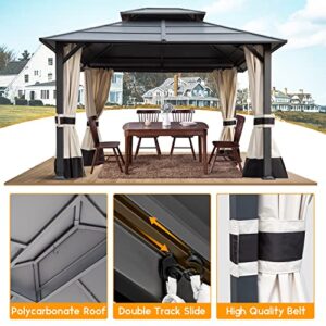 Warmally 10'×12' Hardtop Gazebo Double Roof Canopy Gazebo with Netting and Curtains Fast-Splicing Structure Galvanized Iron Aluminum for Patio Backyard Deck and Lawns