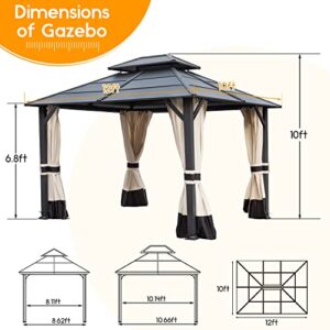 Warmally 10'×12' Hardtop Gazebo Double Roof Canopy Gazebo with Netting and Curtains Fast-Splicing Structure Galvanized Iron Aluminum for Patio Backyard Deck and Lawns