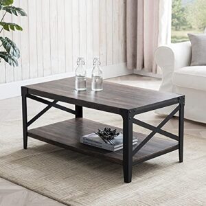okd industrial coffee table for living room, 40 inch rustic rectangular center table with open storage shelf, wood cocktail table with sturdy x-shaped metal frame, dark rustic oak