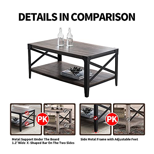 OKD Industrial Coffee Table for Living Room, 40 Inch Rustic Rectangular Center Table with Open Storage Shelf, Wood Cocktail Table with Sturdy X-Shaped Metal Frame, Dark Rustic Oak