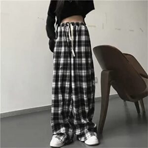 Womens Casual Plaid Baggy Jeans High Waisted Goth Grunge Pants Y2K Clothing Drawstring Pants Streetwear Black