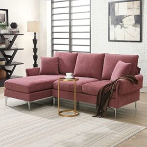 polibi 84" l-shaped convertible sectional sofa, modern chenille 3-seat sofa couch with reversible chaise lounge, 2 pillows and metal legs for living room, pink