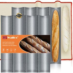walfos 2pcs french baguette bread pan ，with professional proofing cloth, 15"x 13" non-stick french bread pan, 4 wave loaves loaf baguette pan for baking toast perforated bakers molding