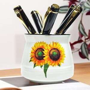 MaoYaMao Sunflower Pen Pencil Holder for Desk Cute Ceramic Pencil Cup Holder Desk Organizer Makeup Brush Holder (White)