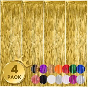 voircoloria 4 pack gold foil fringe backdrop curtains, tinsel streamers birthday party decorations, fringe backdrop for graduation, baby shower, gender reveal, disco party