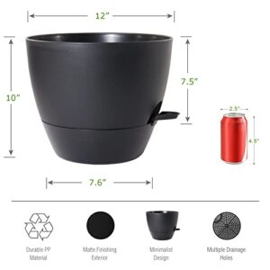UOUZ 12 inch Large Self Watering Pots, Plastic Planters with 60oZ Removable Deep Reservoir and Multi Mesh Drainage Holes for Indoor Outdoor Garden Plants and Flowers, Black