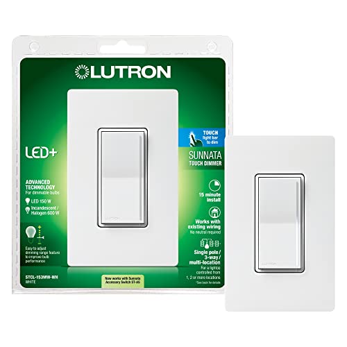 Lutron Sunnata Touch Dimmer Switch with Wallplate with LED+ Advanced Technology, for LED and Incandescent, 3 Way/Multi Location, STCL-153MW-WH, White