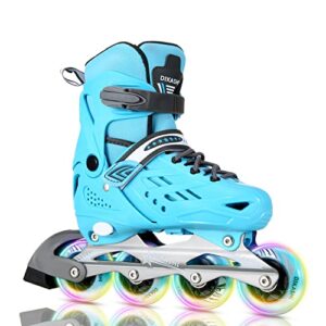 suitable for children and teenagers, 4 sizes of adjustable roller skates and bright wheels, suitable for beginners' indoor and outdoor roller skates (blue) (34-37(8-9 us)