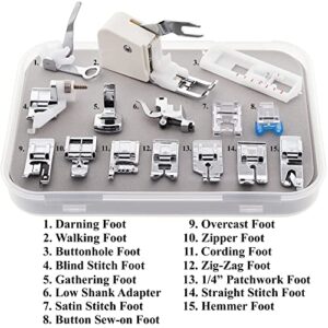 Sewable 15 Piece Presser Feet Set with Walking Foot | Fits Low Shank Sewing Machines - Brother, Janome, Singer, Baby Lock, Kenmore, and More | 14 Presser Feet, Snap On Adapter, and Storage Case