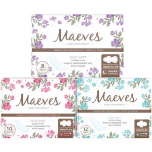 maeves ultra thin sanitary pads for women, silky soft, highly absorbent pads with wings, 3 absorption levels for moderate, heavy, & overnight flows - 30 count (reg+sup+overnight)