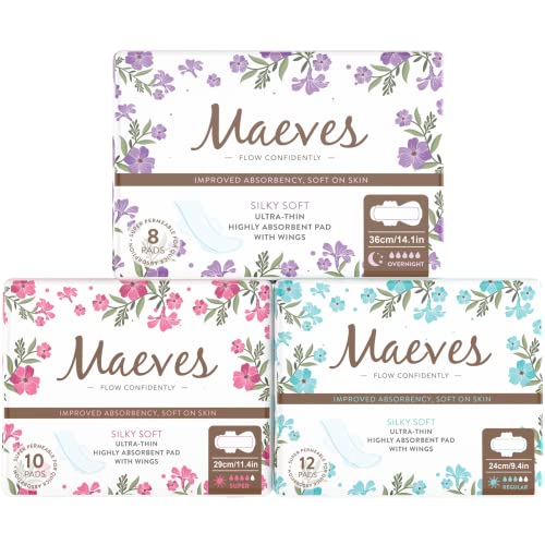 Maeves Ultra Thin Sanitary Pads for Women, Silky Soft, Highly Absorbent Pads with Wings, 3 Absorption Levels for Moderate, Heavy, & Overnight Flows - 30 Count (Reg+Sup+Overnight)