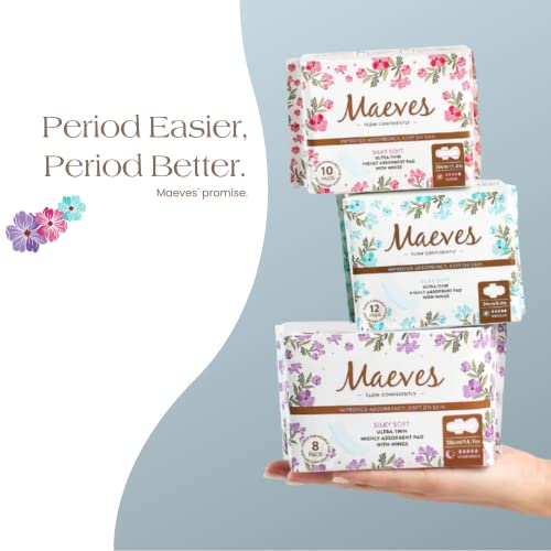 Maeves Ultra Thin Sanitary Pads for Women, Silky Soft, Highly Absorbent Pads with Wings, 3 Absorption Levels for Moderate, Heavy, & Overnight Flows - 30 Count (Reg+Sup+Overnight)