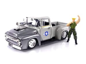 street fighter 1:24 1956 ford f-100 die-cast car & 2.75" guile figure, toys for kids and adults