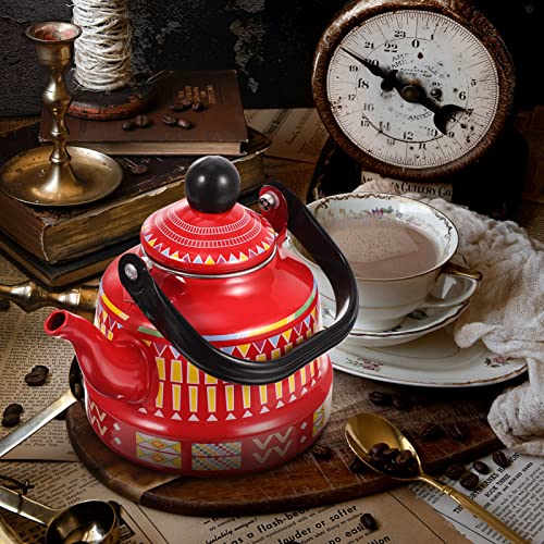 CALLARON Kettle Teapot Enamel Tea Stovetop Tea Pot Boiling Water Farmhouse Water Heating Pot Coffee Jug Can Jar for Home Kitchen Office Red 1.1L Green Tea Camping Camping Stove