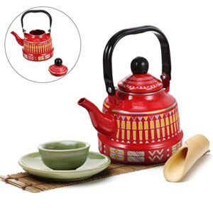 CALLARON Kettle Teapot Enamel Tea Stovetop Tea Pot Boiling Water Farmhouse Water Heating Pot Coffee Jug Can Jar for Home Kitchen Office Red 1.1L Green Tea Camping Camping Stove