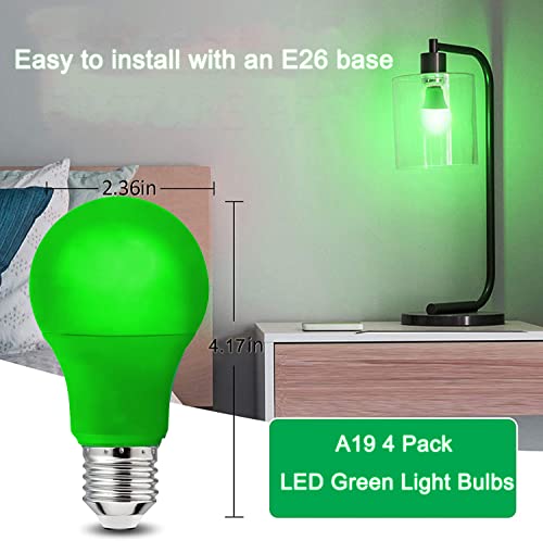 4 Pack LED Green Light Bulbs - A19 9Watts with E26 Base 60w Equivalent LED Green Bulb for Wedding Halloween Christmas Party Bar Decor, Porch, Home/Holiday Lighting, Decorative Illumination Green Bulb